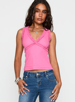 front view of model wearing Princess Polly Danyia Frill Top Pink Sleeveless V-Neck 