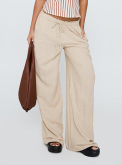 side view of model wearing Princess Polly Seascape Oversize Tie Pants Natural High Rise Pants Pants 