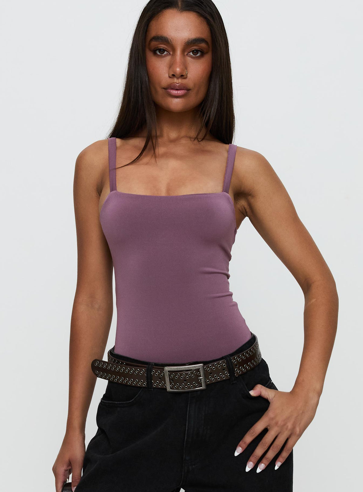 front view of model wearing Princess Polly Off Stage Bodysuit Purple Sleeveless Bodysuit 