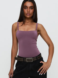 front view of model wearing Princess Polly Off Stage Bodysuit Purple Sleeveless Bodysuit 