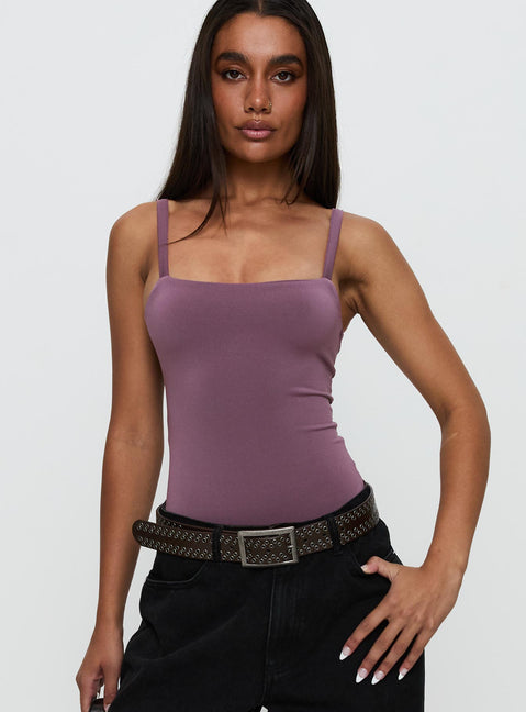 front view of model wearing Princess Polly Off Stage Bodysuit Purple Sleeveless Bodysuit 