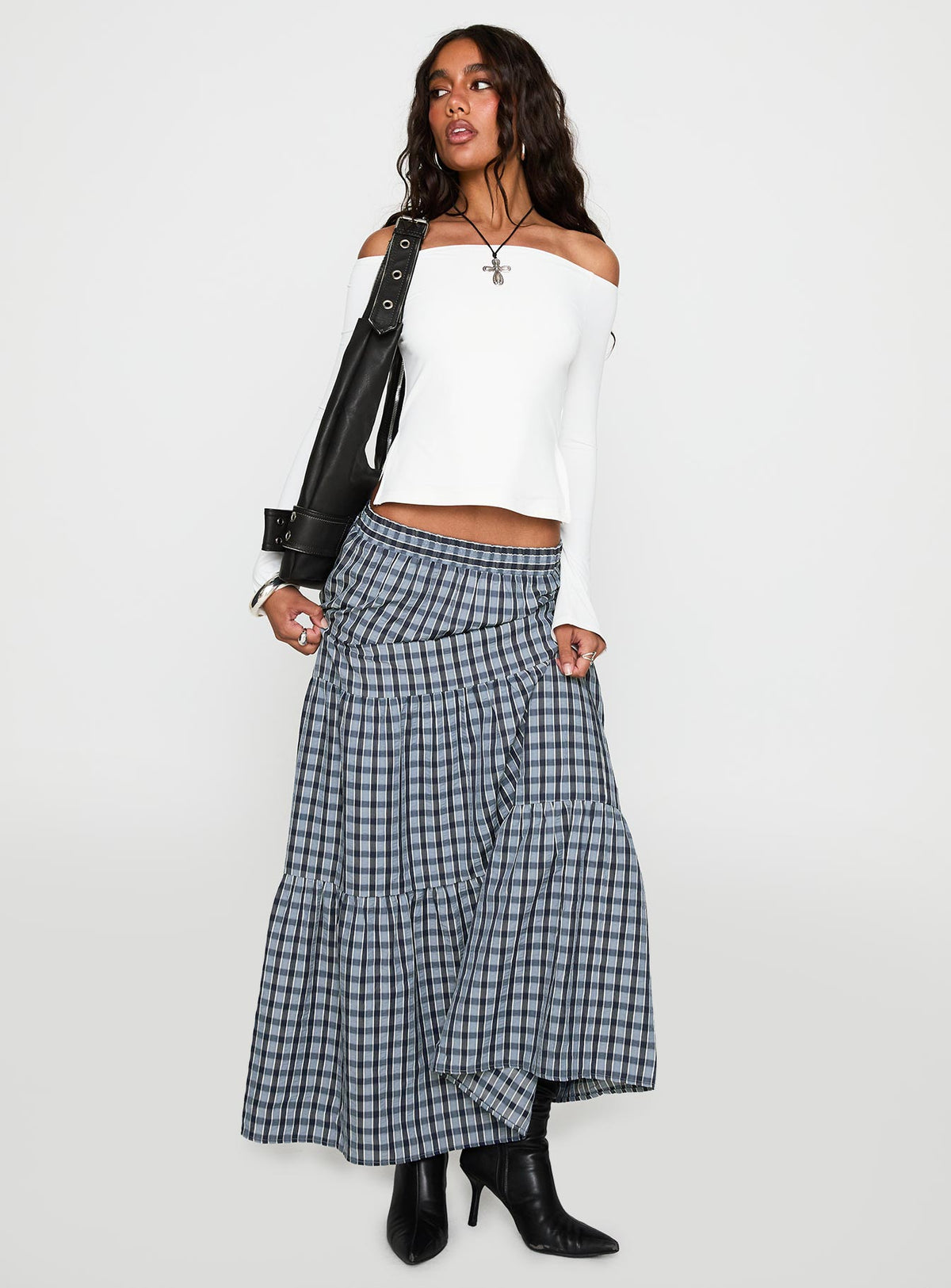   front view of model wearing Princess Polly Rockwell Tiered Midi Skirt Navy Check Maxi 