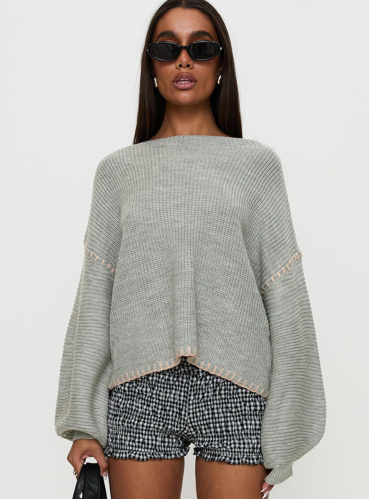 front view of model wearing Princess Polly Baby I'm Back Knit Sweater Grey / Pink Jumpers 