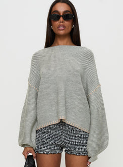 front view of model wearing Princess Polly Baby I'm Back Knit Sweater Grey / Pink Jumpers 
