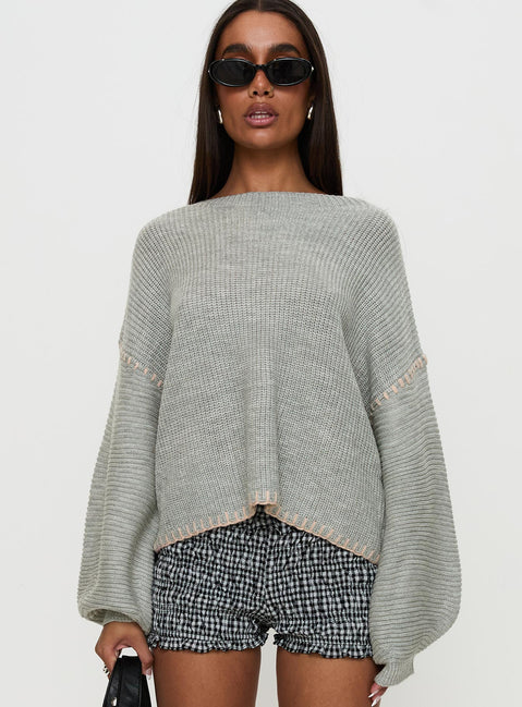 front view of model wearing Princess Polly Baby I'm Back Knit Sweater Grey / Pink Jumpers 