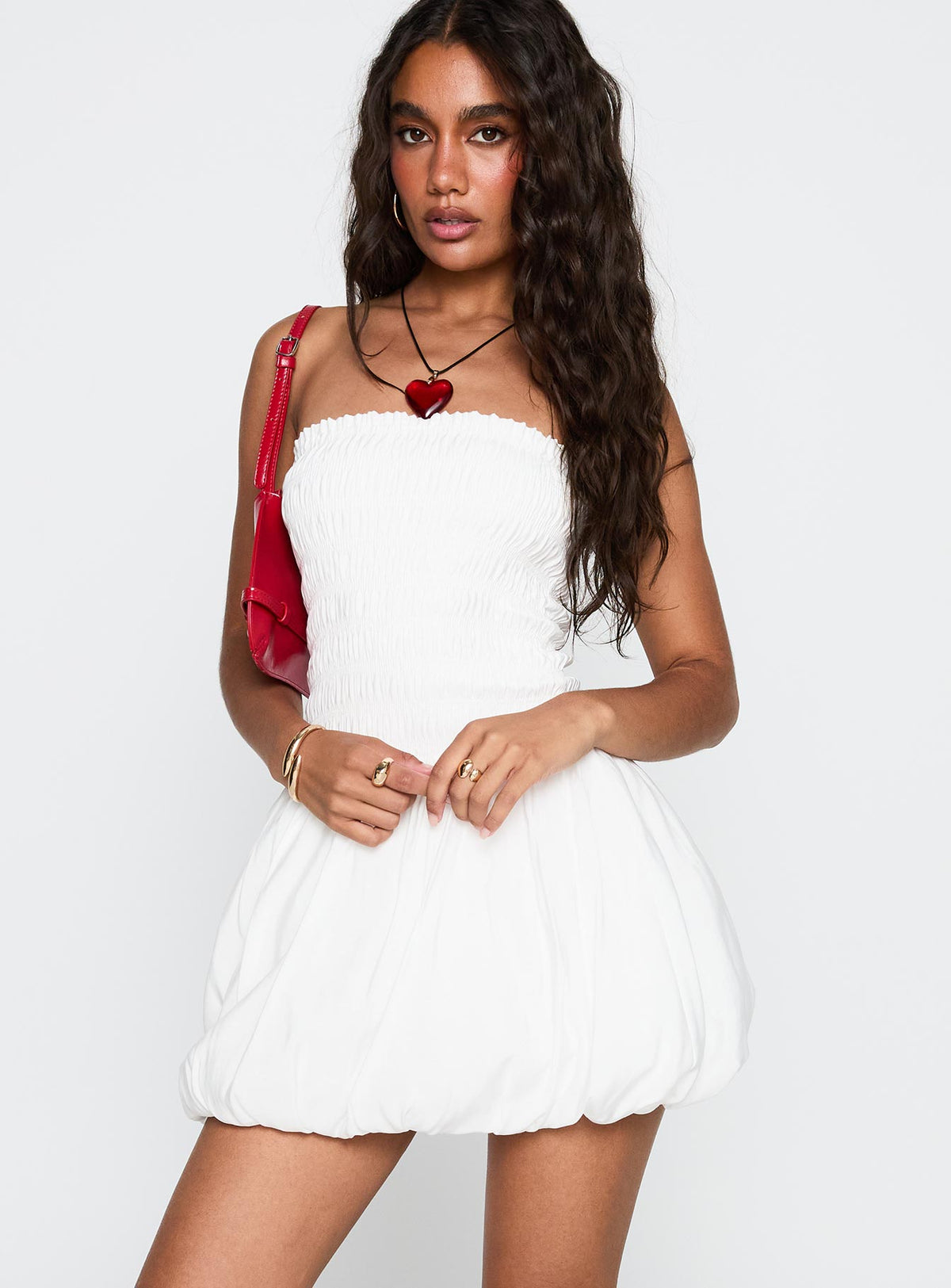 front view of model wearing Princess Polly Anemone Bubble Hem Mini Dress White Straight Neck 