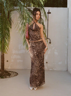   side view of model wearing Princess Polly Eleganza Maxi Skirt Leopard Petite Maxi Skirts Skirts 