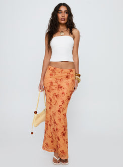   front view of model wearing Princess Polly Shepherd Maxi Skirt Orange Multi Maxi Skirts Skirts 