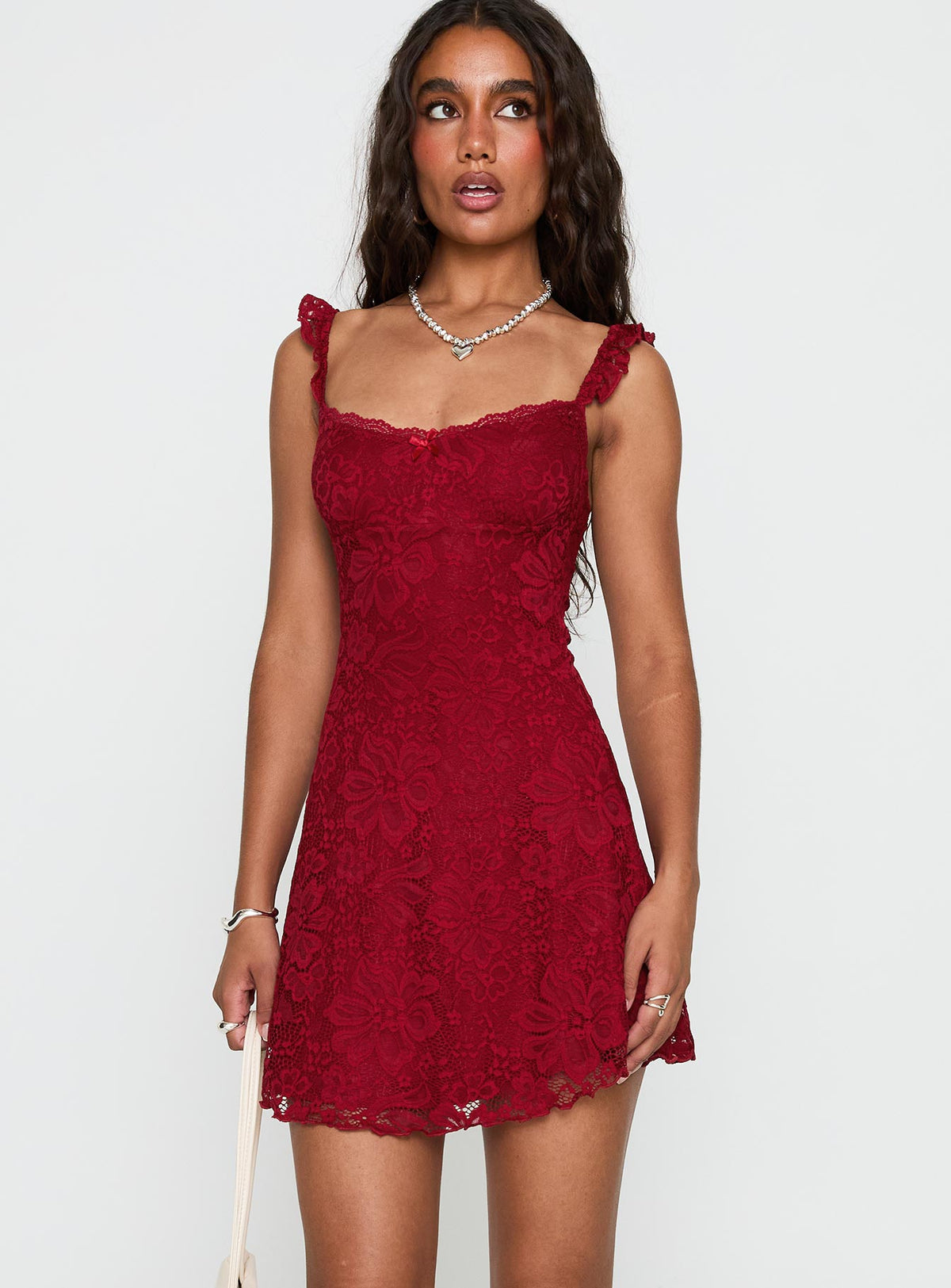 front view of model wearing Princess Polly Beacall Mini Dress Red Scoop Neck 