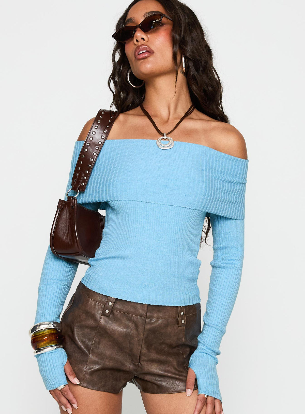 front view of model wearing Princess Polly Morley Off Shoulder Sweater Blue Cropped Jumpers Jumpers 