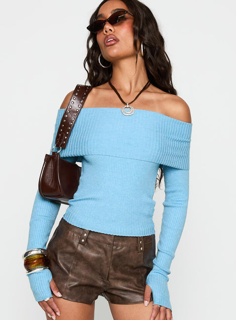front view of model wearing Princess Polly Morley Off Shoulder Sweater Blue Cropped Jumpers Jumpers 