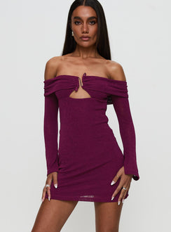 front view of model wearing Princess Polly Firenza Long Sleeve Mini Dress Purple Sweetheart Neckline 