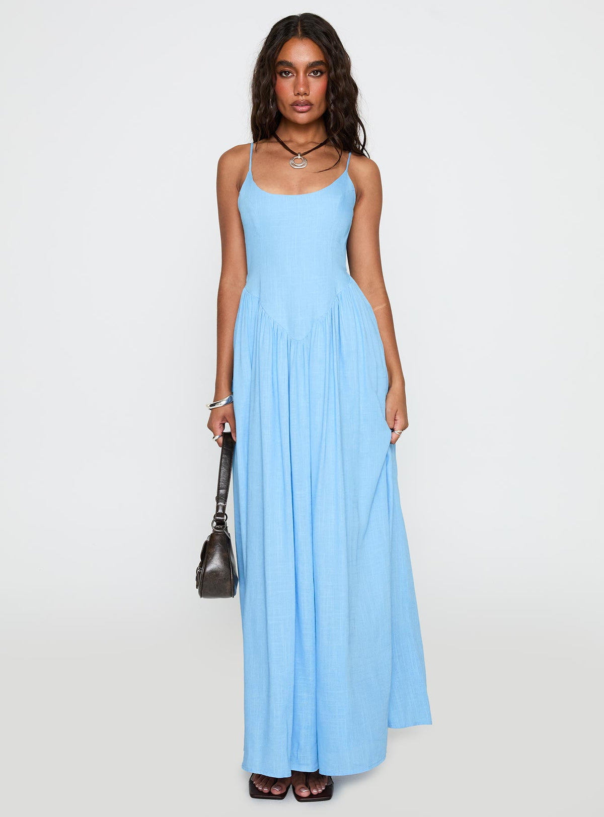 front view of model wearing Princess Polly Palisades Tie Up Maxi Dress Blue Scoop Neck 