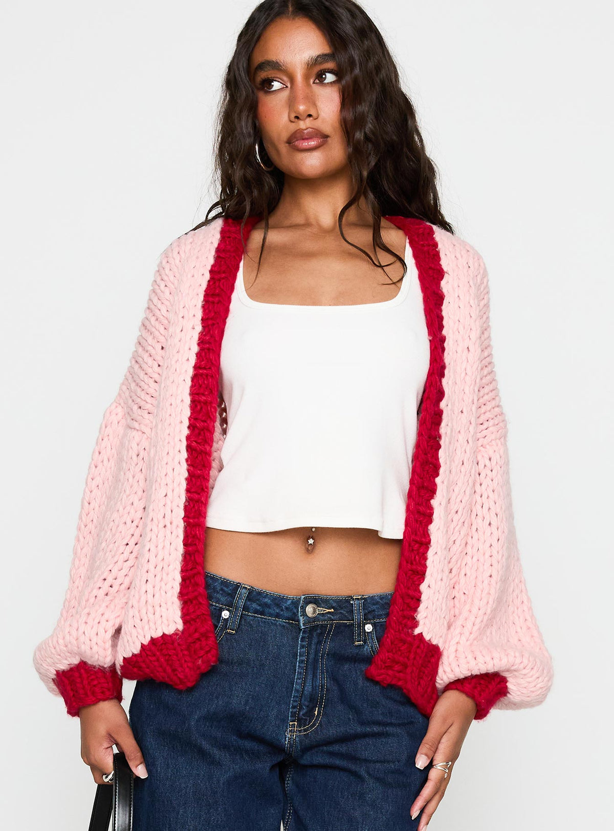 front view of model wearing Princess Polly Lester Knit Cardigan Pink / Red Longline Jumpers Jumpers 