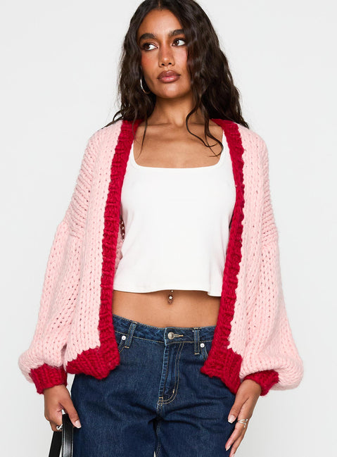 front view of model wearing Princess Polly Lester Knit Cardigan Pink / Red Longline Jumpers Jumpers 