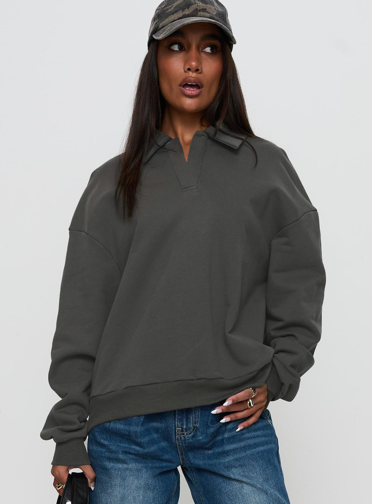 front view of model wearing Princess Polly Back Around Collared Fleece Jumper Slate Jumpers 