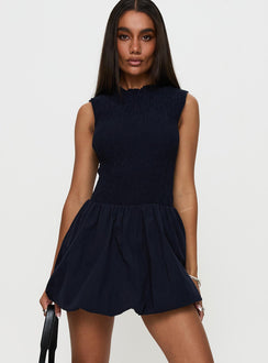 front view of model wearing Princess Polly Narnie Mini Dress Navy High Neck 