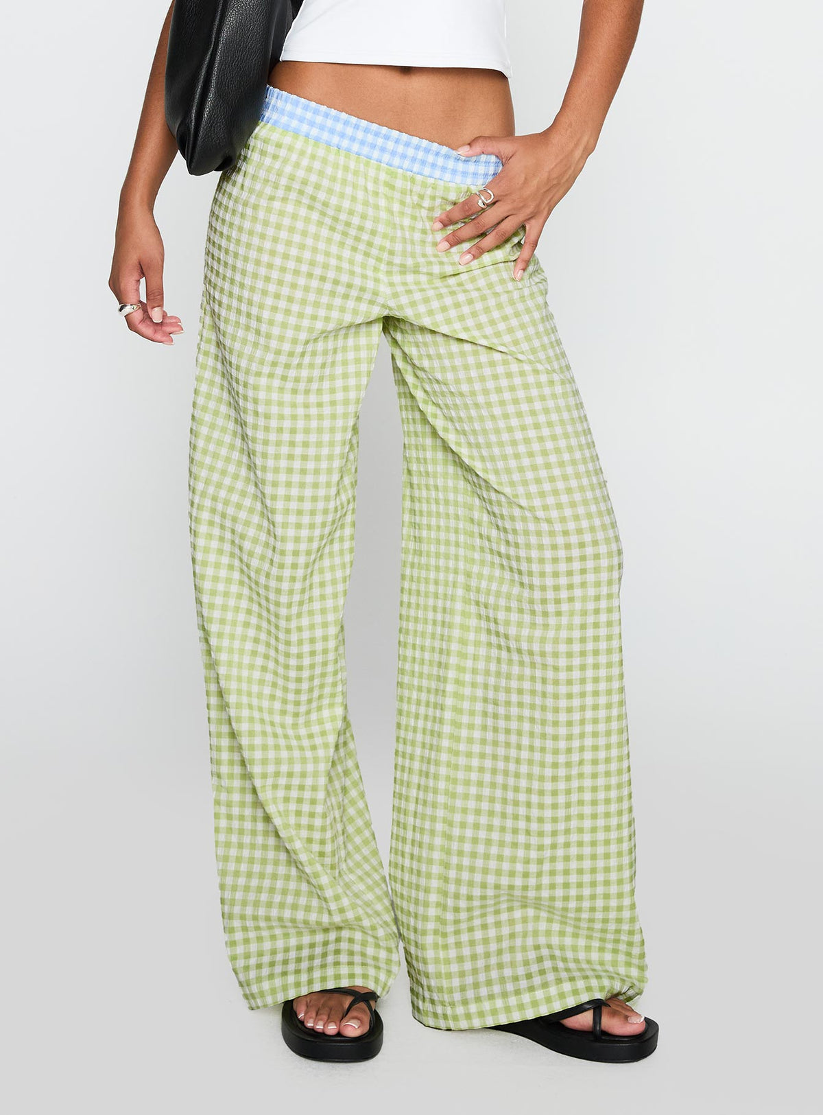 back view of model wearing Princess Polly Neevie Wide Leg Pants Green High Rise Pants Pants 