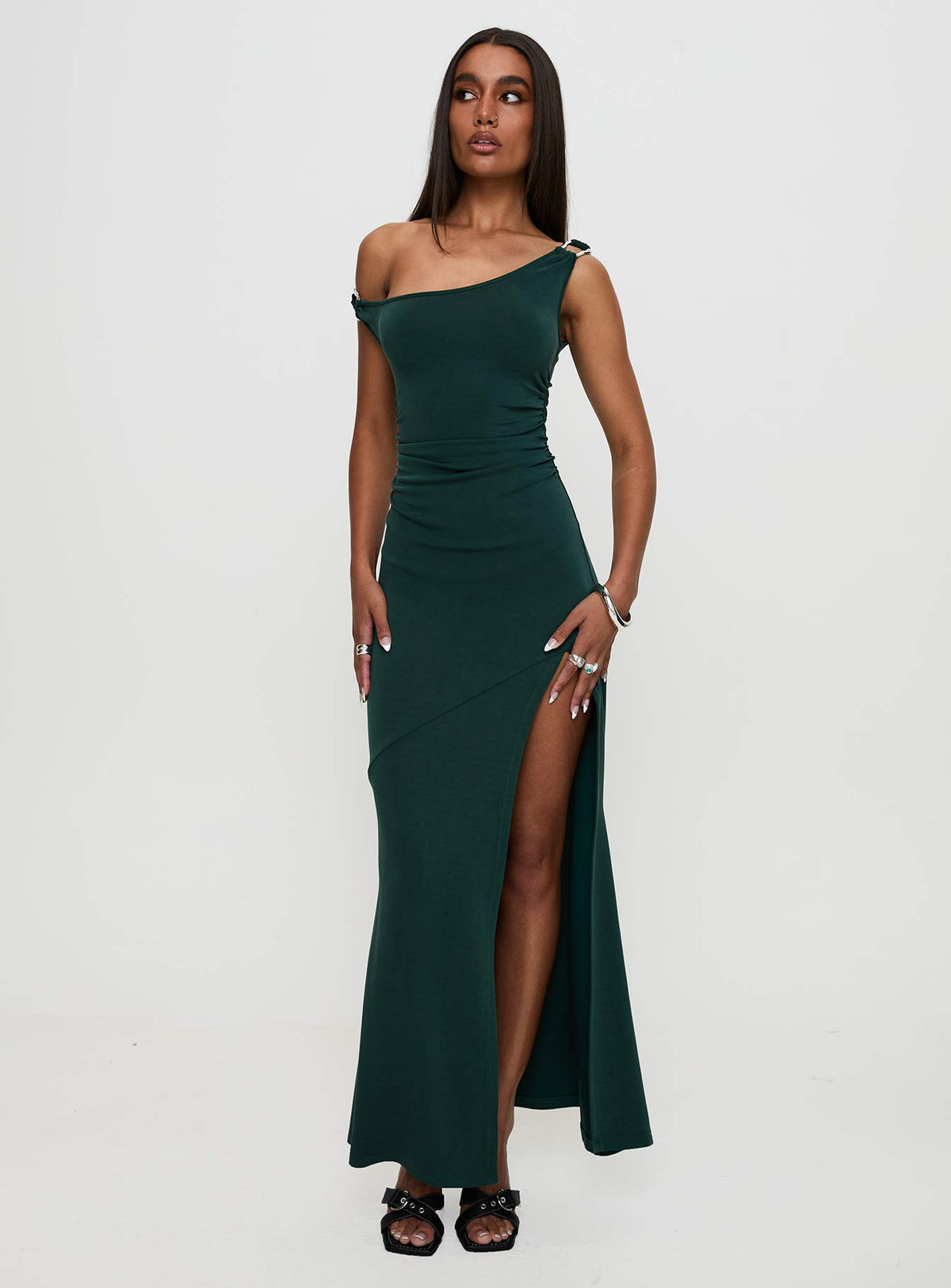 front view of model wearing Princess Polly Rios One Shoulder Maxi Dress Green Scoop Neck 
