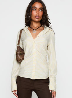 front view of model wearing Princess Polly Rush Hour Long Sleeve Top Yellow Stripe Full Sleeves V-Neck 