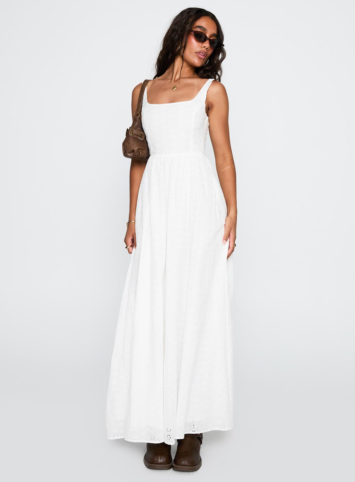 front view of model wearing Princess Polly Cartmel Broderie Maxi Dress White Square Neck 