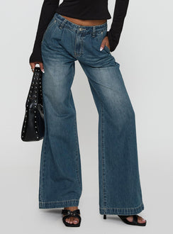 front view of model wearing Princess Polly Laguardia Mid Rise Wide Leg Jeans Dark Blue Wash Mid Rise Jeans Jeans 