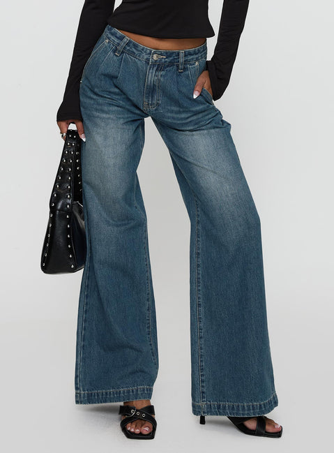front view of model wearing Princess Polly Laguardia Mid Rise Wide Leg Jeans Dark Blue Wash Mid Rise Jeans Jeans 