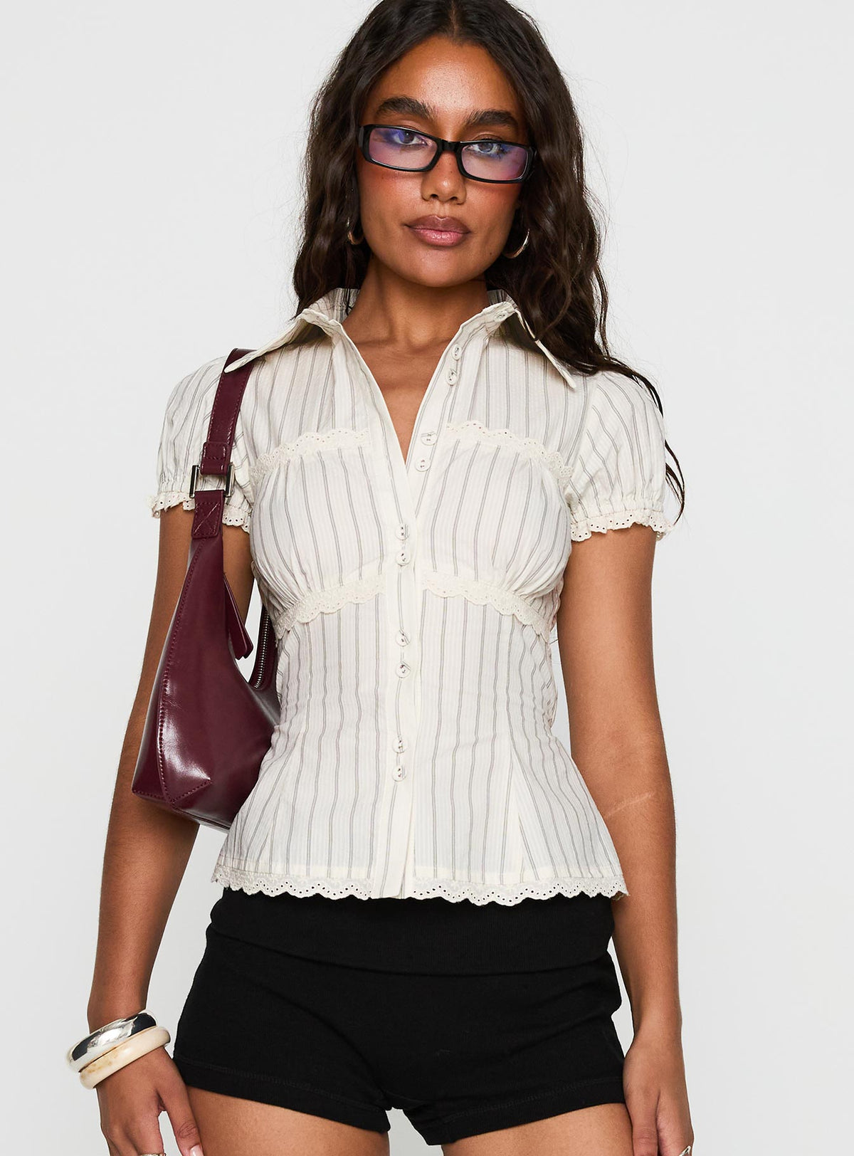 front view of model wearing Princess Polly Deserve You Puff Sleeve Button Front Top Cream Stripe Short Sleeves V-Neck 
