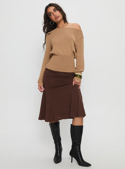   side view of model wearing Princess Polly Lewish Low Rise Midi Skirt Chocolate Midi Skirts Skirts 