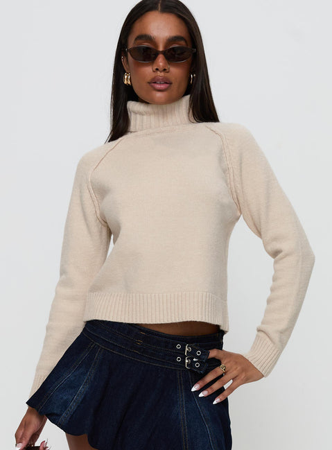 front view of model wearing Princess Polly Enrica Funnel Neck Knit Sweater Cream Cropped Jumpers Jumpers 