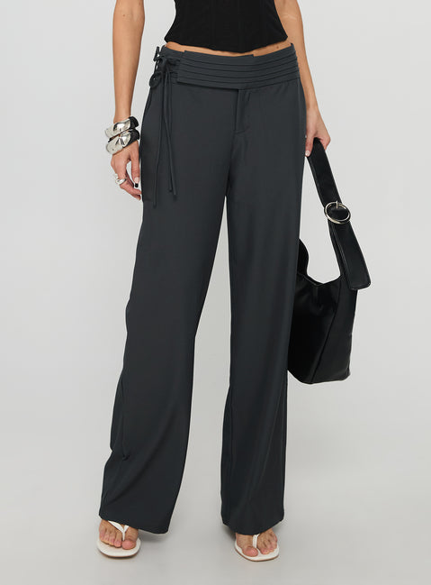 Showcasing the Good Riddance Pleat Tie Slouch Pants Charcoal Tall womens-regular-pants with mid-rise, pleated, and wide-leg design product Princess Polly