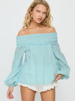 Heidy Off Shoulder Shirred Long Sleeve Top Blue