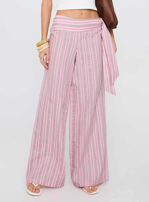 back view of model wearing Princess Polly Wave Dancer Tie Pant Pink Stripe High Rise Pants Pants 