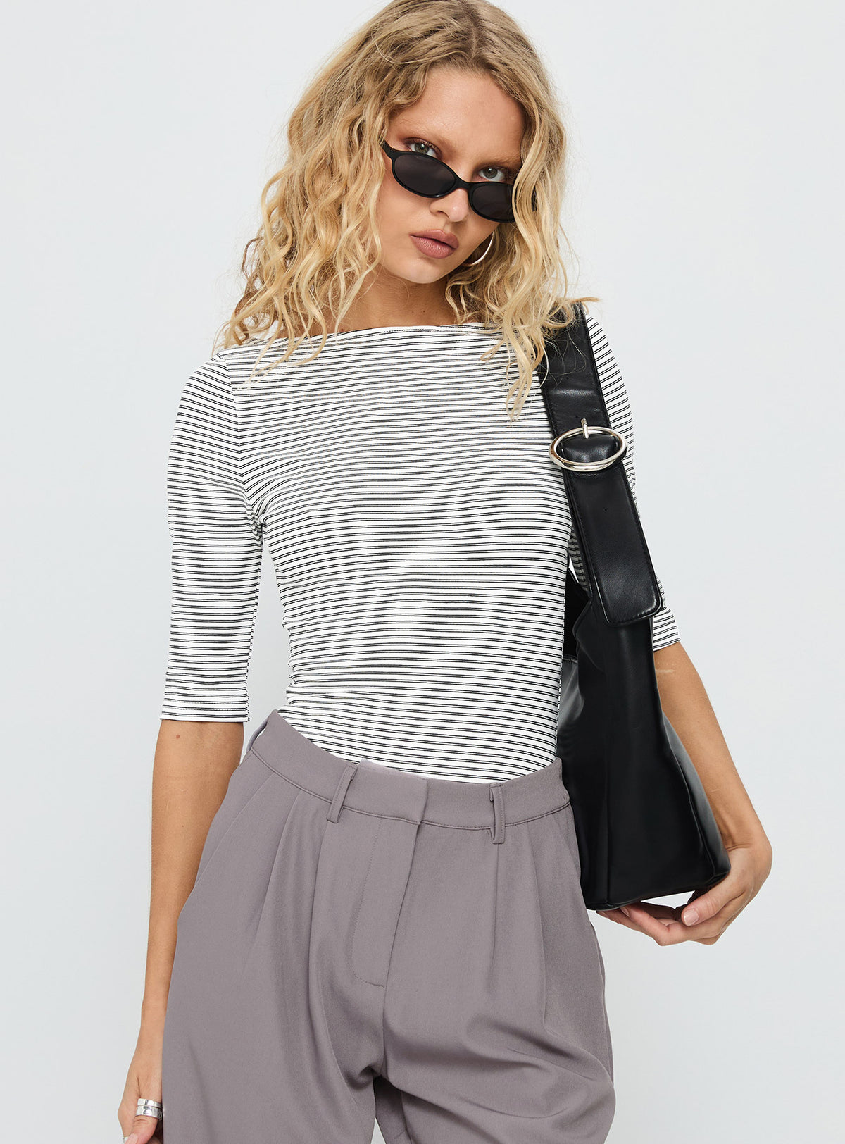 Here One Moment 3/4 Sleeve Bodysuit Black / White Stripe Half Sleeve Bodysuit 