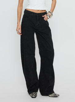 Lost Track Mid Rise Barrel Leg Jeans Washed Black Mid Rise Jeans Jeans 