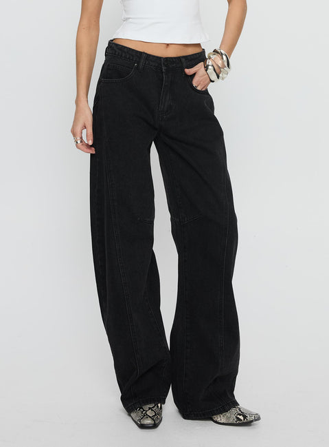 Lost Track Mid Rise Barrel Leg Jeans Washed Black Mid Rise Jeans Jeans 