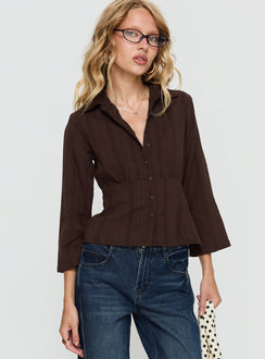 Taelynn 3/4 Sleeve Button Up Shirt Chocolate