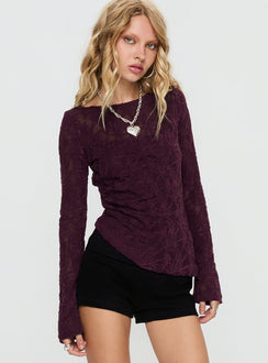 Branna Ruched Lace Long Sleeve Top Plum