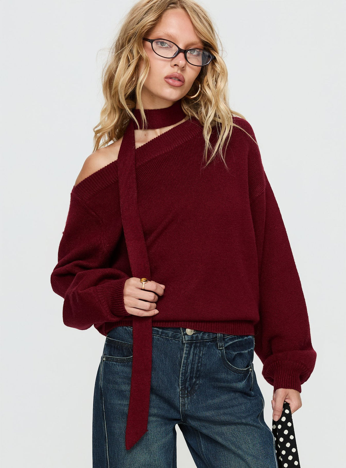 front view of model wearing Princess Polly Ruthi Scarf Off Shoulder Knit Sweater Burgundy Cropped Jumpers Jumpers 