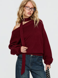 front view of model wearing Princess Polly Ruthi Scarf Off Shoulder Knit Sweater Burgundy Cropped Jumpers Jumpers 