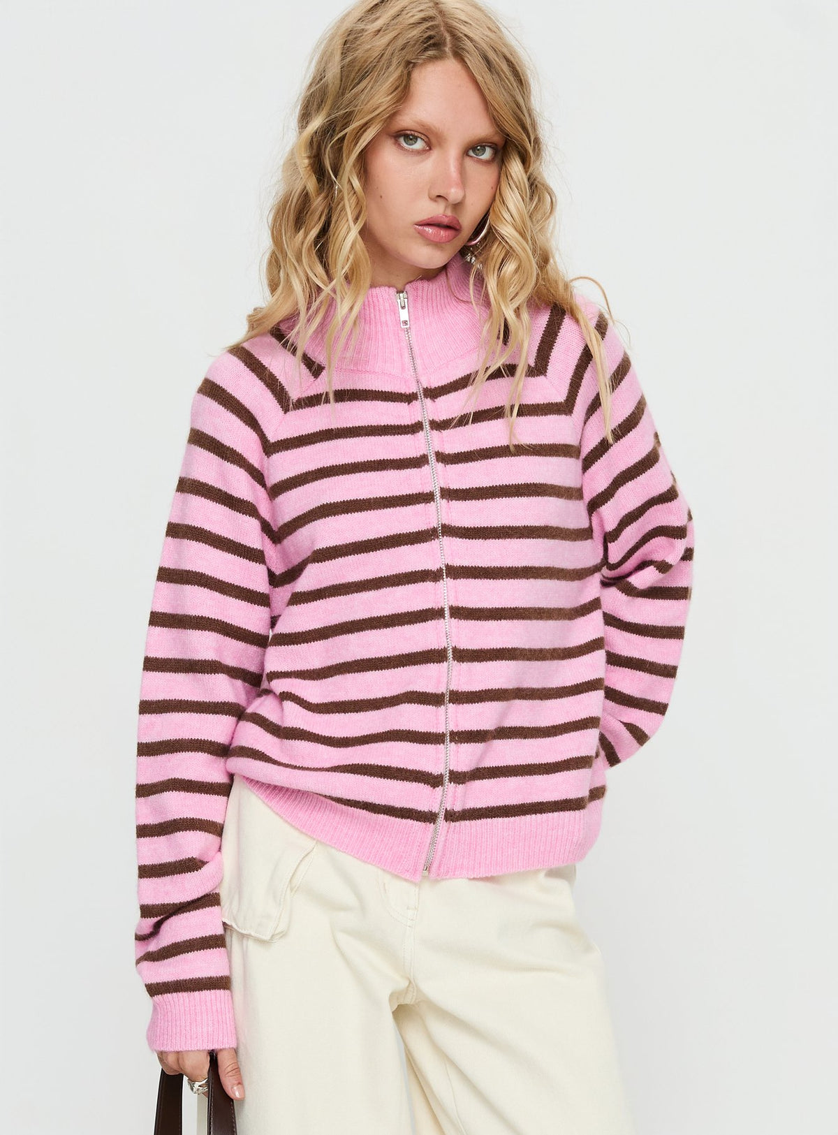 front view of model wearing Princess Polly Kaylei Zip Through Cardigan Pink Stripe regular Jumpers 