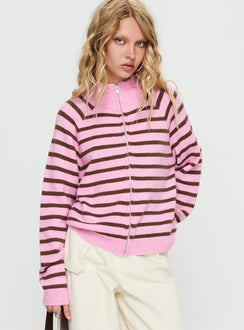 front view of model wearing Princess Polly Kaylei Zip Through Cardigan Pink Stripe regular Jumpers 