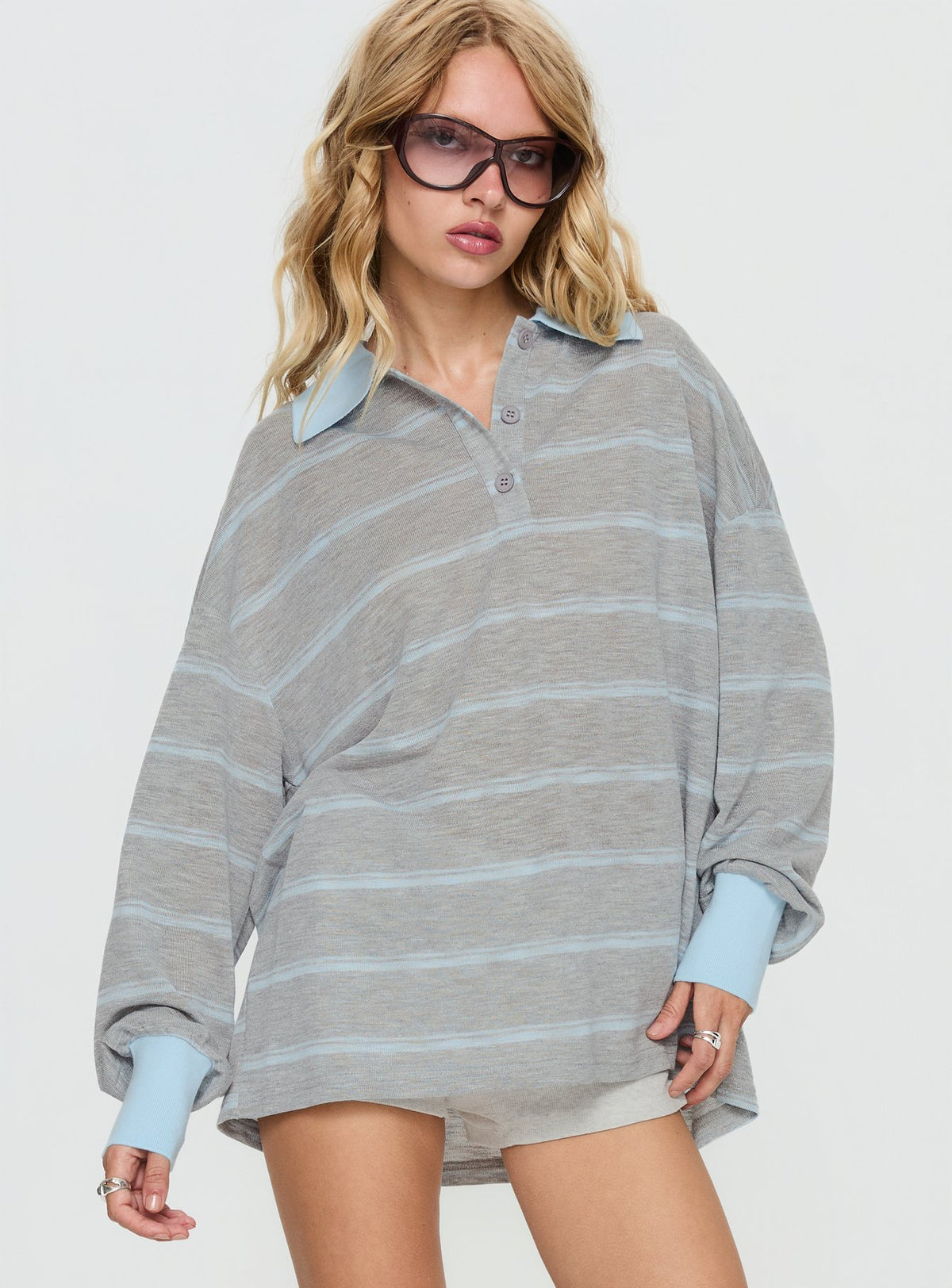 Aleka Long Sleeve Rugby Jersey Grey / Blue Stripe