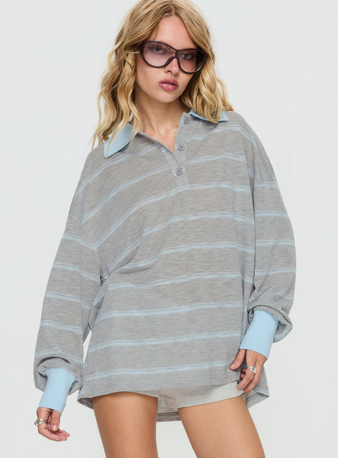 Aleka Long Sleeve Rugby Jersey Grey / Blue Stripe