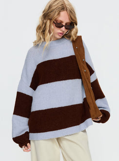 front view of model wearing Princess Polly Bastien Crew Neck Knit Sweater Blue / Chocolate Stripe Longline Jumpers Jumpers 