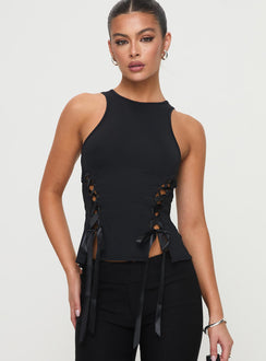 front view of model wearing Princess Polly Bisous Top Black Sleeveless Crew Neck 