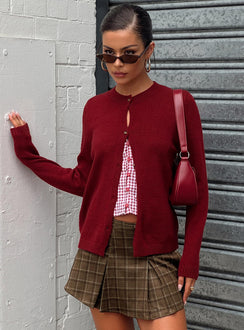 front view of model wearing Princess Polly Arica Button Up Knit Cardigan Red Longline Jumpers Jumpers 