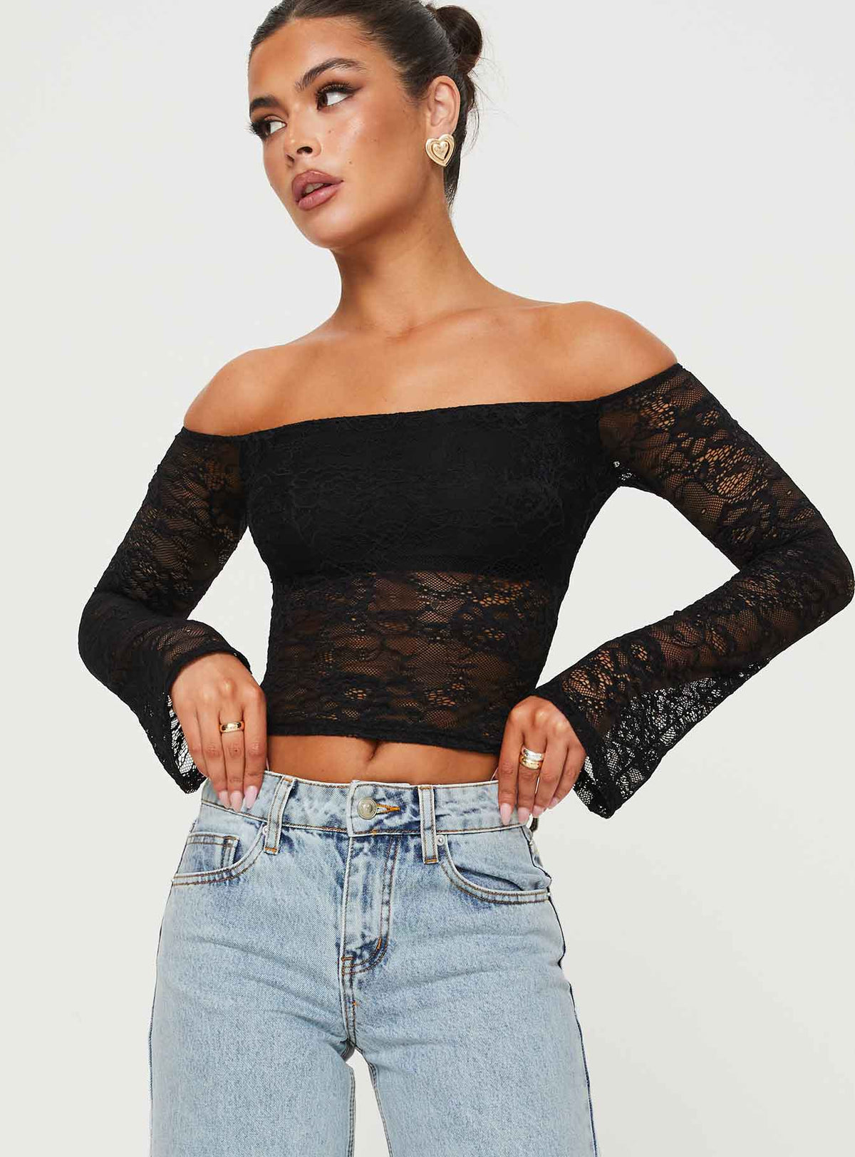 front view of model wearing Princess Polly Charet Off The Shoulder Top Black Full Sleeves 