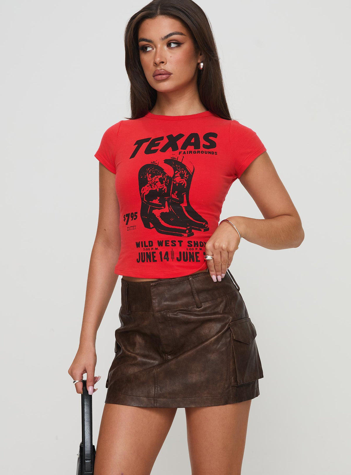   front view of model wearing Princess Polly Domenic Faux Leather Mini Skirt Washed Brown Mini Skirts Skirts 