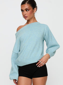 Designed with the Noble Off The Shoulder Jumper Blue womens-jumpers featuring short length side view of model wearing Princess Polly